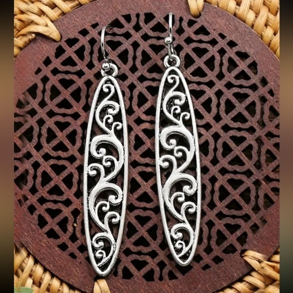 Silver swirl 2.17” long BOHO tribal lightweight dangling hypoallergenic earrings